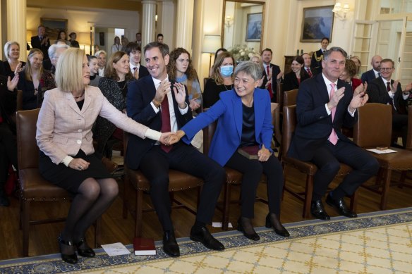 Finance Minister Katy Gallagher, Treasurer Jim Chalmers, Minister for Foreign Affairs Penny Wong and Deputy Prime Minister Richard Marles during their swearing-in ceremony.