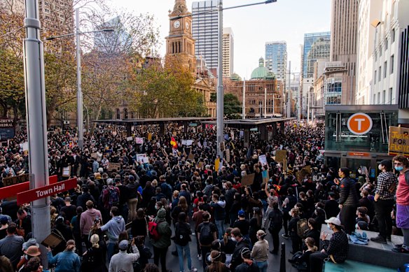 Thousands gather at Town Hall on Saturday.