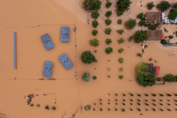 Solar panels surrounded by floodwater following Storm Daniel in the village of Piniada, in Trikala region, Greece, on Thursday.