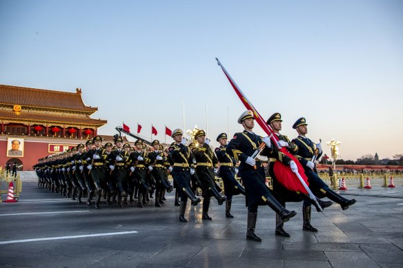 The Guard of Honour of the Chinese People’s Liberation Army during a flag-raising ceremony at Tian’anmen Square.