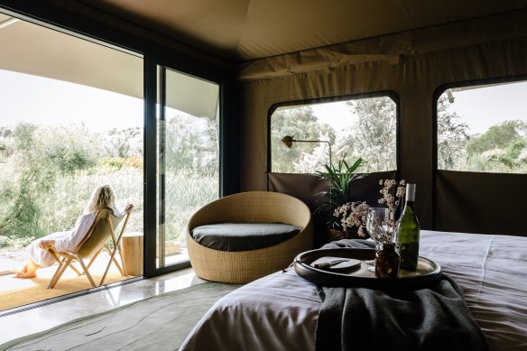 Glamping tents at Peninsula Hot Springs tastefully blend luxury with rejuvenation in nature.