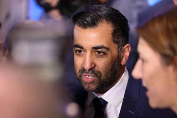 Humza Yousaf, speaks to the media after being announced as the new leader of the Scottish National Party (SNP) at Murrayfield stadium in Edinburgh, UK, on Monday.