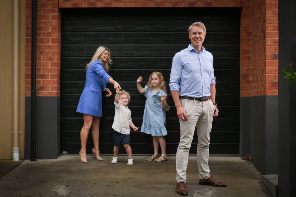 Arron Wood, pictured with wife Stephanie, son Sam and daughter Addison, is contesting Melbourne’s lord mayoral elections this month.