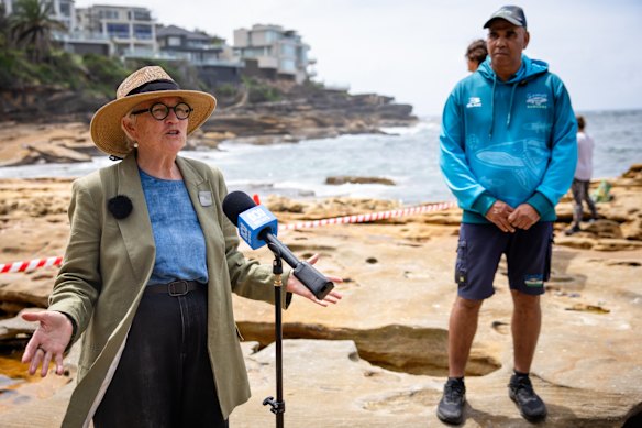 Randwick mayor Clare Willington, left, and Robert Cooley, of the Gamay Rangers, at Lurline Bay on Thursday.