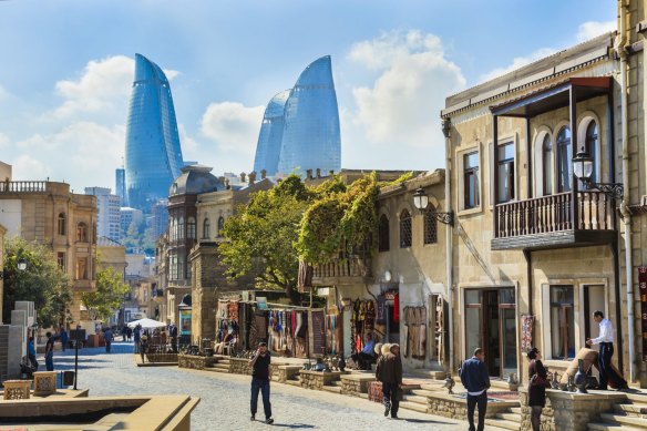 The inner city of Baku with the Flame Towers in the background.