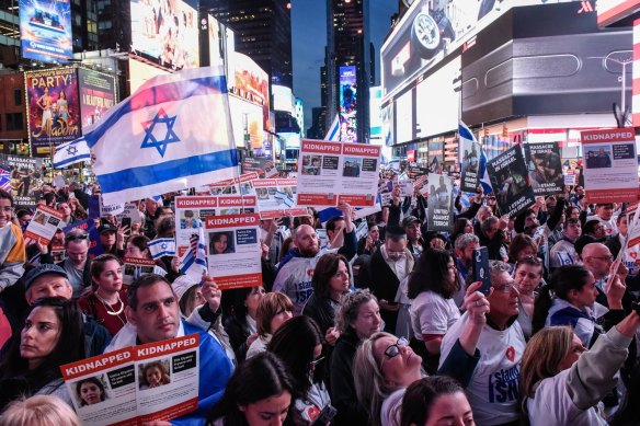 Protesters during a rally for the release of hostages in Gaza held by Hamas operatives in Times Square.