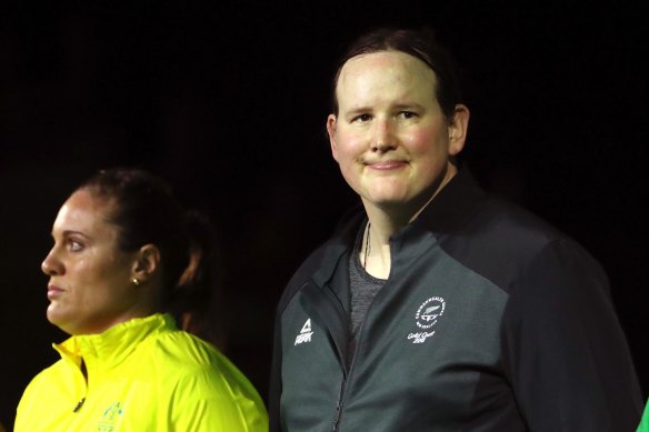 New Zealand’s Laurel Hubbard, right, stands with Australia’s Deb Lovely-Acason during the 2018 Commonwealth Games on the Gold Coast.