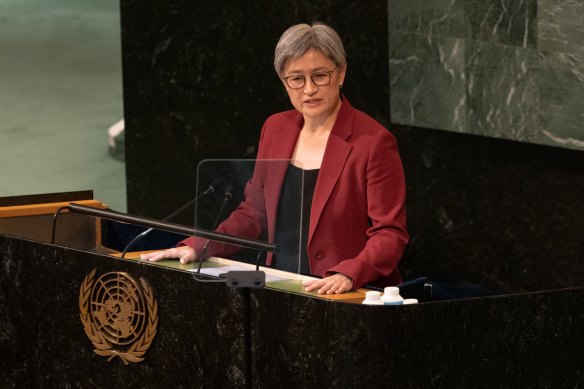 Australian Foreign Minister Penny Wong speaks during the United Nations General Assembly.