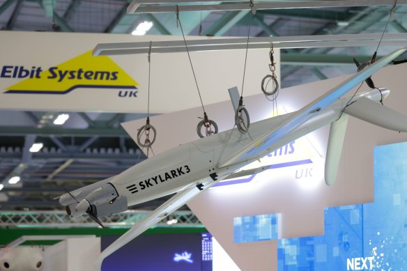 A Skylark 3 drone is displayed at the Elbit Systems stand at an airshow in July 2022.