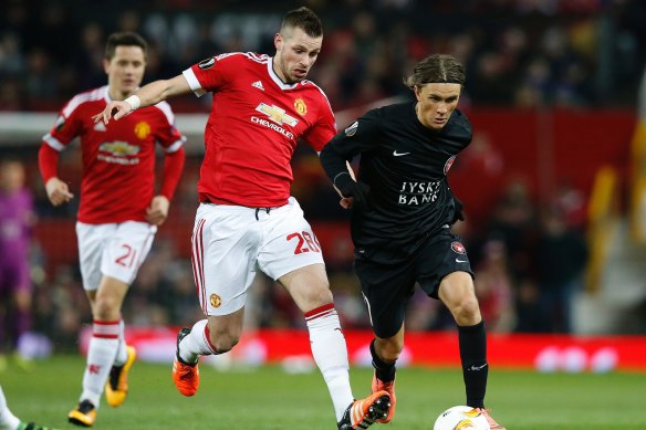 Jakob Poulsen (right) playing for Midtjylland in the Europa League against Manchester United in 2016.