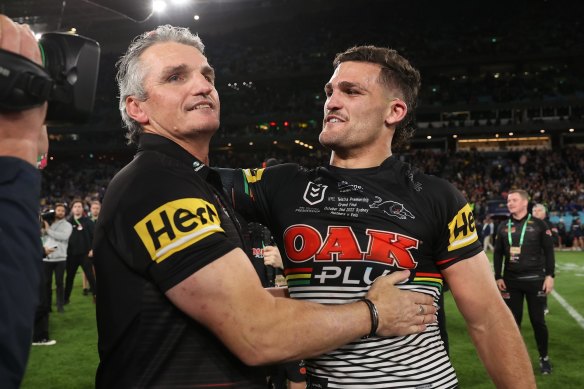 Ivan and Nathan Cleary embrace after clinching the premiership.