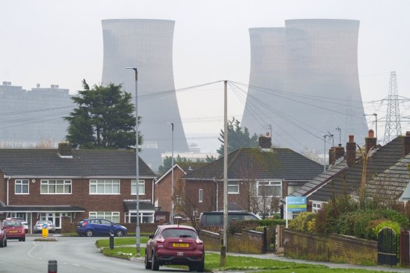 Cooling towers at a decommissioned coal power station in Warrington, north-west England.