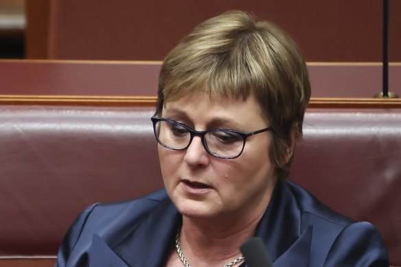 Reynolds, then the minister for defence, cries during question time in February 2021 when Brittany Higgins’ rape allegation became public.