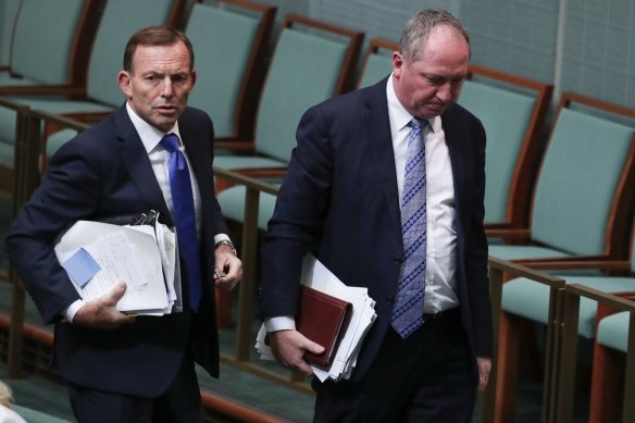 Former prime minister Tony Abbott and Nationals MP Barnaby Joyce after Question Time in 2018. 