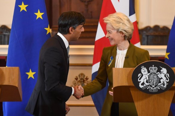 British PM Rishi Sunak and European Commission President Ursula von der Leyen announce the deal on Northern Ireland’s trade rules.