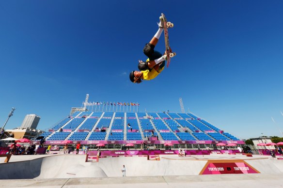 Keegan Palmer of Australia warms up for the men’s skateboarding park competition. The 18-year-old took gold for Australia in the sport’s Olympic debut.