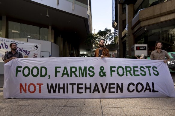 Approximately 60 people attended a protest outside the Whitehaven Coal Offices in Sydney CBD in February 2014 to protest against Whitehaven’s Maules Creek Coal Mine project.