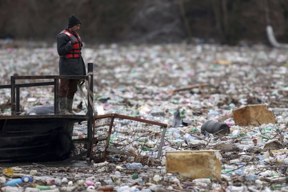 Waste plastics in the Lim River near Priboj, Serbia, in January. Demand for single-use plastics continues to grow.