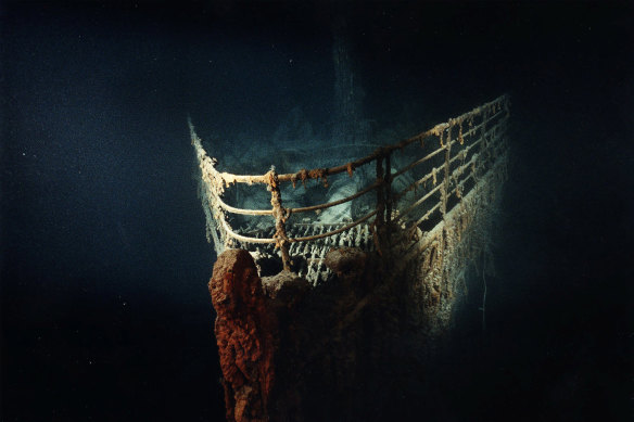 The Titanic's bow at the bottom of the Atlantic Ocean.