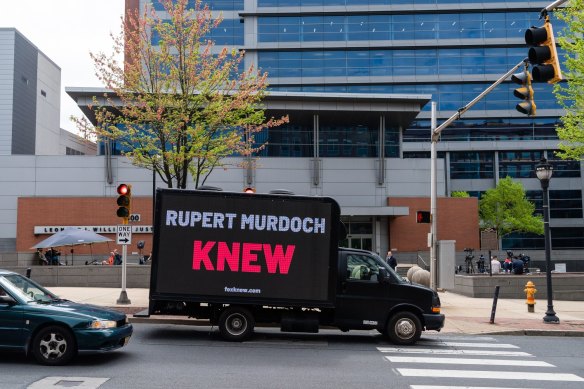 A truck outside the Delaware court complex where Fox settled its case with Dominion Voting Systems.