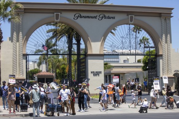 The WGA and SAG-AFTRA picket line outside Paramount Studios in Los Angeles in July.