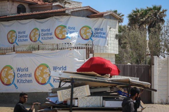 The World Central Kitchen food charity aid centre in Nuseirat camp, in central Gaza, in April.