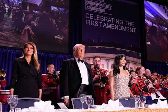 US First Lady Melania Trump (from left), US President Donald Trump and White House Correspondents' Association President Weijia Jiang at the White House reporters' gala.