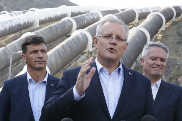 Minister for Energy Angus Taylor, the Prime Minister Scott Morrison and Minister for Finance and the Public Service Mathias Cormann at the Snowy Hydro Tumut 3 power station. Morrison has threatened to have the government-owned Snowy Hydro power company build a gas plant should private enterprise not step in and do it themselves.