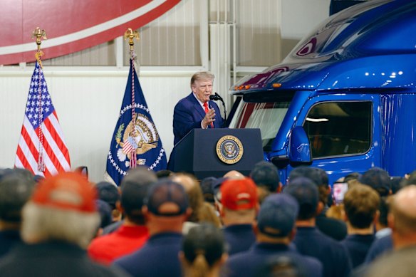 President Donald Trump at a rally at Peterbilt Motors Company in Denton, Texas, on Thursday.