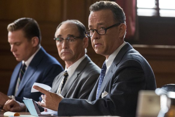 Rylance, centre, between Billy Magnussen and Tom Hanks, won a best supporting actor Oscar for his role in Steven Spielberg’s Bridge of Spies.