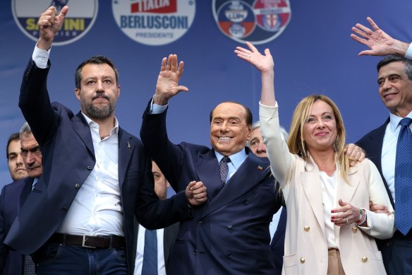 From left, Matteo Salvini, Silvio Berlusconi and Giorgia Meloni during a campaign rally in Rome.