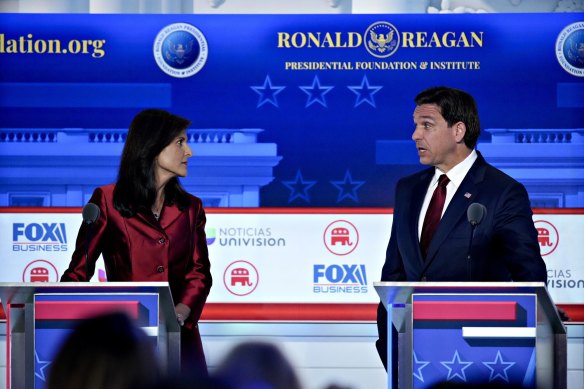 Former US ambassador to the UN Nikki Haley and Florida Governor Ron DeSantis during the Republican candidates’ debate in California.
