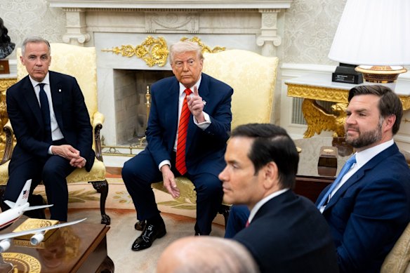 Donald Trump made the lengthy remarks on trade during a meeting with Canada’s Prime Minister Mark Carney.