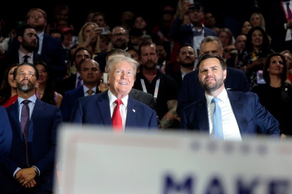 Former US president Donald Trump, and Senator J.D. Vance, his vice presidential nominee, at the first night of the Republican Convention.