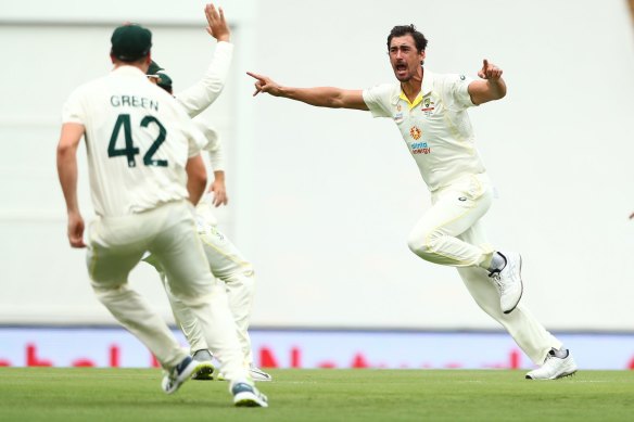 Mitchell Starc celebrates striking with the very first ball of the Ashes two summers ago.