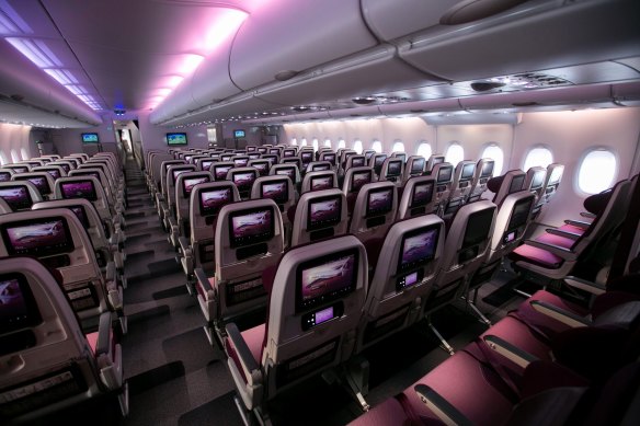 Economy class on board a Qatar Airways Airbus A380.