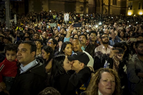 Revellers pack Flinders Street on New Year’s Eve, 2019.