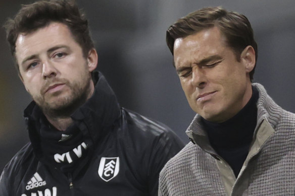 Fulham’s manager Scott Parker, right, reacts during the loss to Burnley.