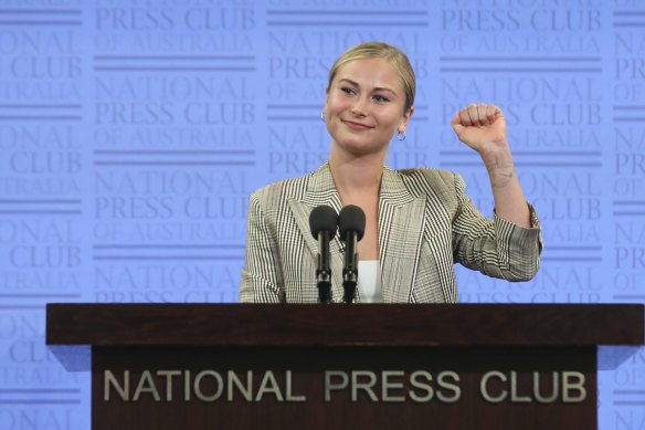 2021 Australian of the Year Grace Tame during her address to the National Press Club in March.