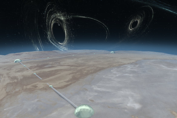 An artist's impression of how a 40 kilometre gravity wave observatory would look. In the sky above it are some of the black holes it might detect.