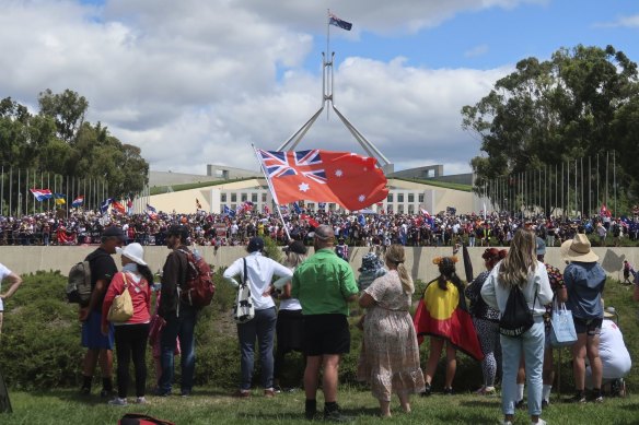 The ‘Convoy to Canberra’ protest at the front of Parliament House on February 5.