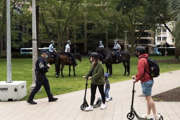 Police patrolling Sydney’s Hyde Park on Saturday. 