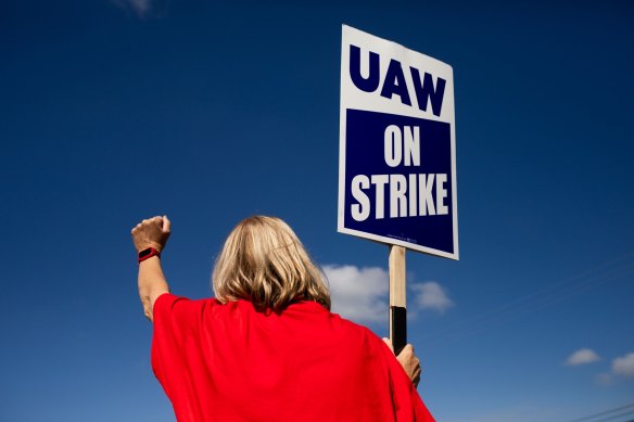 A striking worker outside the Ford plant  in Wayne, Michigan.