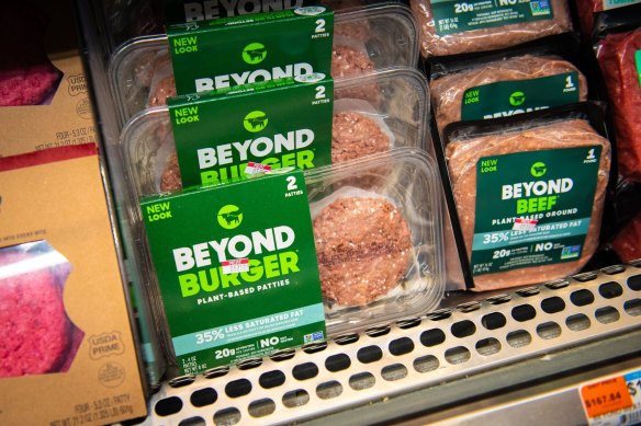 Beyond Meat burgers, made by Beyond Beef, on the shelves in New York.