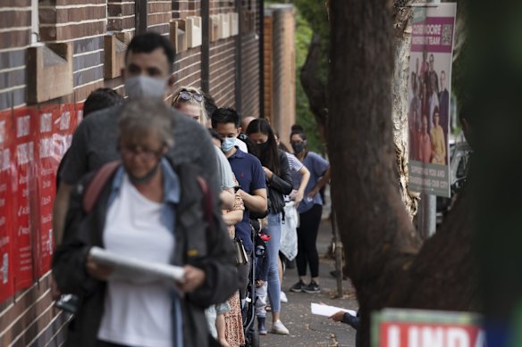 Voters wait to cast their ballots on Saturday in council elections across NSW.