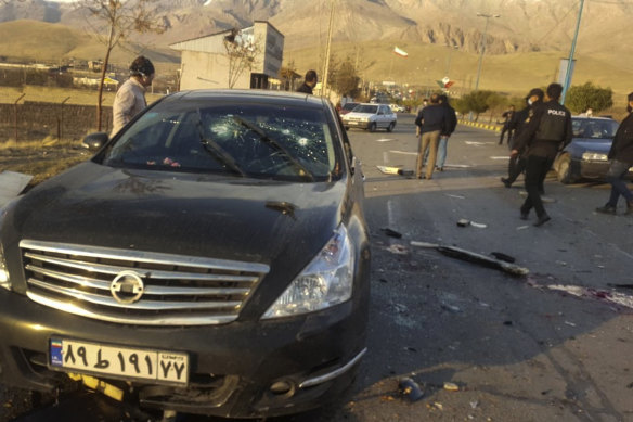 A photo, released by the semi-official Fars News Agency, shows the scene where Mohsen Fakhrizadeh was killed.