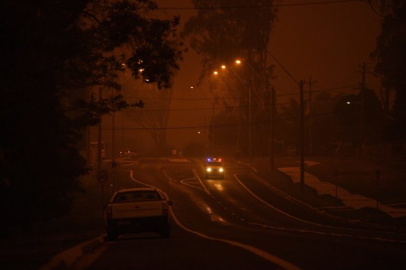 Thick smoke blankets the town of Bodalla on January 4.