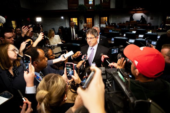State Senator Rodric Bray, a Republican, speaks to the media after the vote. 