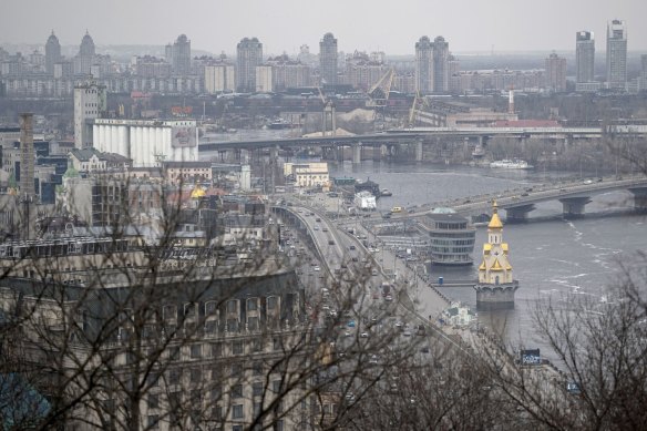 The Dnipro River and city skyline in Kyiv in February.