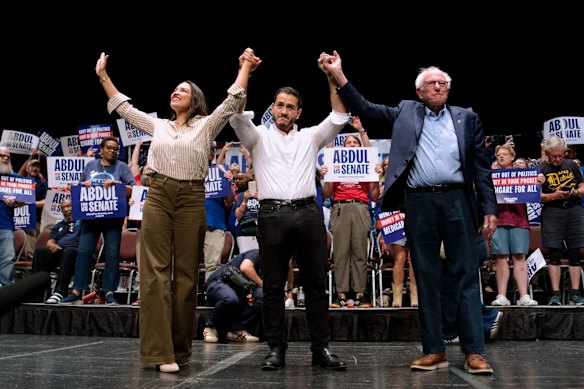Progressive stars Alexandria Ocasio-Cortez and Bernie Sanders campaigning for Abdul El-Sayed in July.